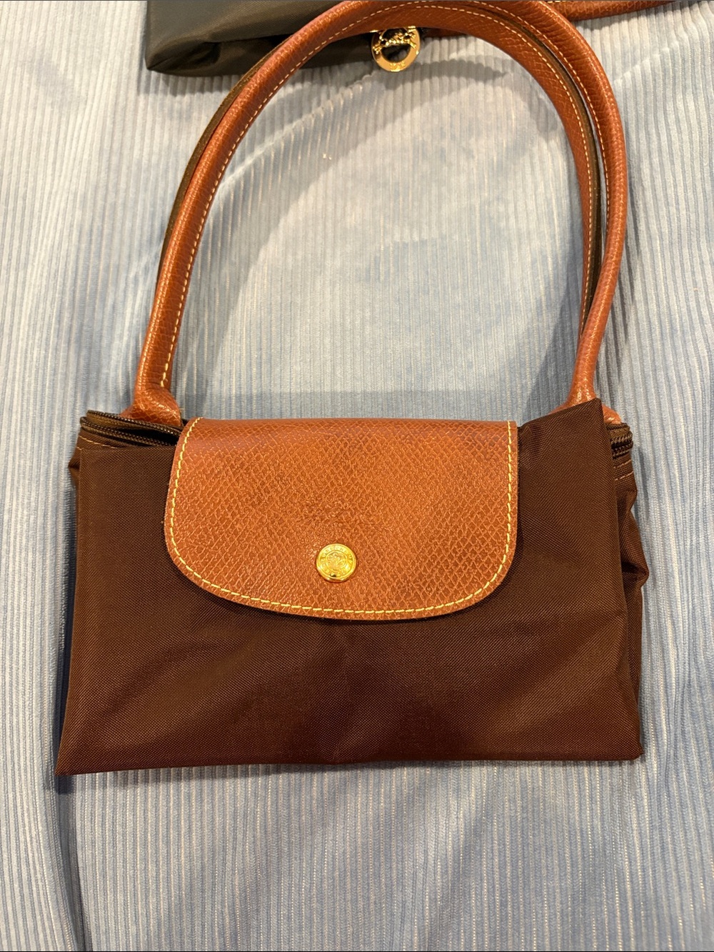 Longchamp Brown Nylon Shoulder Bag with Tan Leather Flap and Strap